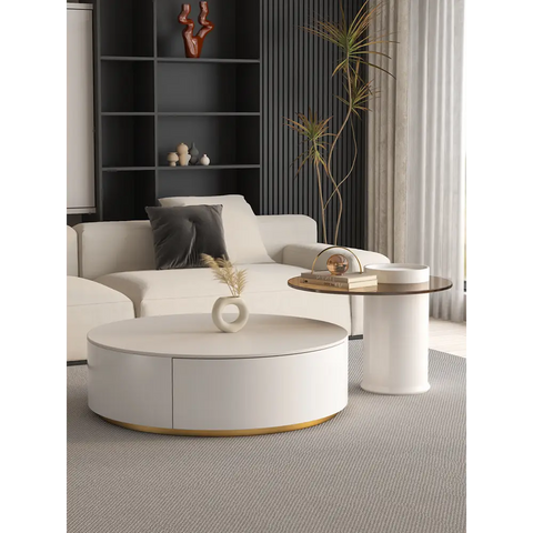 Riviera Round Nesting Coffee Table Set With Seat Pad, White｜ DC Concept
