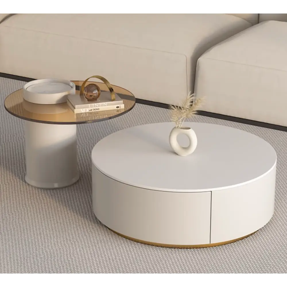 Riviera Round Nesting Coffee Table Set With Seat Pad, White｜ DC Concept