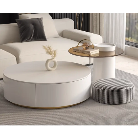 Riviera Round Nesting Coffee Table Set With Seat Pad, White｜ DC Concept