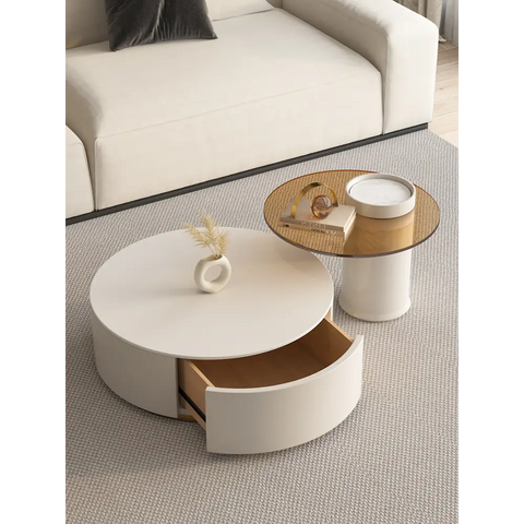 Riviera Round Nesting Coffee Table Set With Seat Pad, White｜ DC Concept