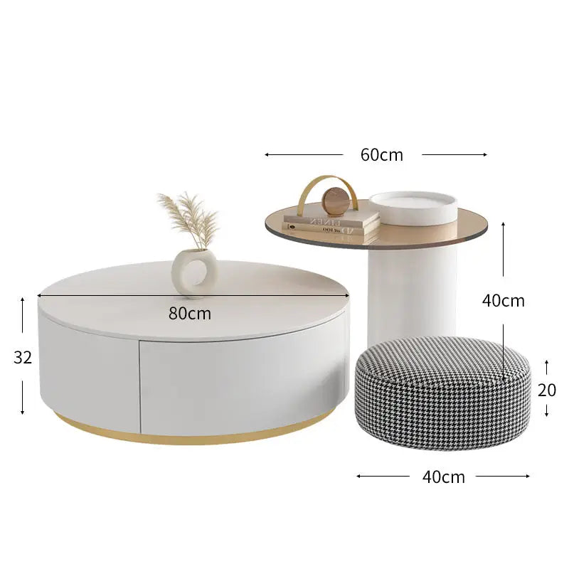 Riviera Round Nesting Coffee Table Set With Seat Pad, White｜ DC Concept