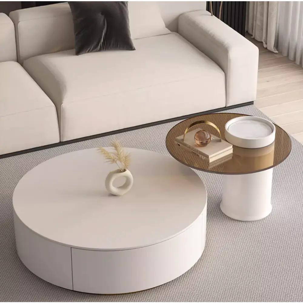 Riviera Round Nesting Coffee Table Set With Seat Pad, White｜ DC Concept