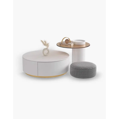 Riviera Round Nesting Coffee Table Set With Seat Pad, White｜ DC Concept