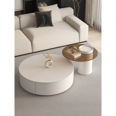 Riviera Round Nesting Coffee Table Set With Seat Pad, White｜ DC Concept