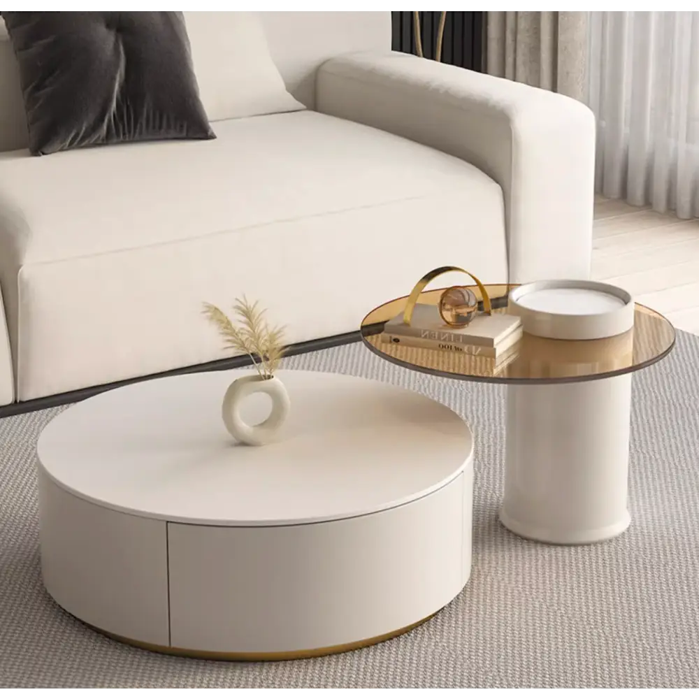 Riviera Round Nesting Coffee Table Set With Seat Pad, White｜ DC Concept