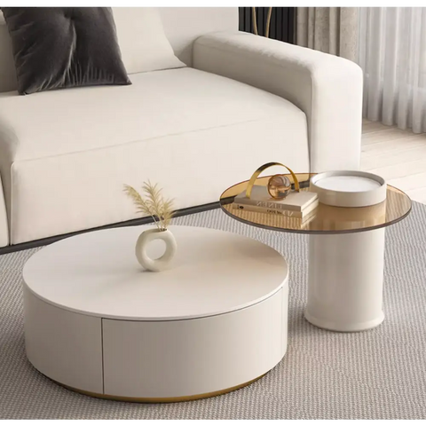 Riviera Round Nesting Coffee Table Set With Seat Pad, White｜ DC Concept