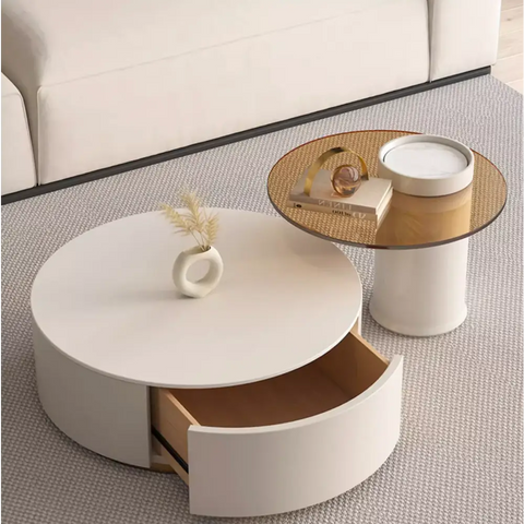 Riviera Round Nesting Coffee Table Set With Seat Pad, White｜ DC Concept
