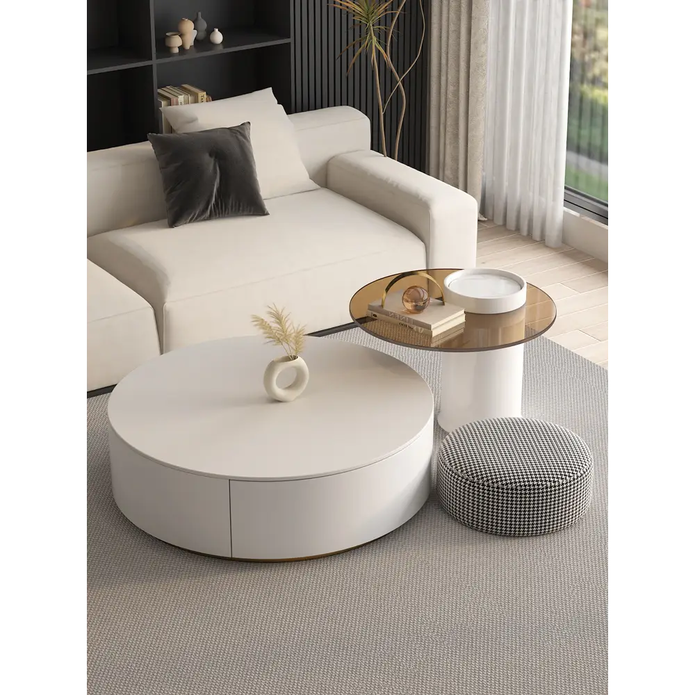 Riviera Round Nesting Coffee Table Set With Seat Pad, White｜ DC Concept