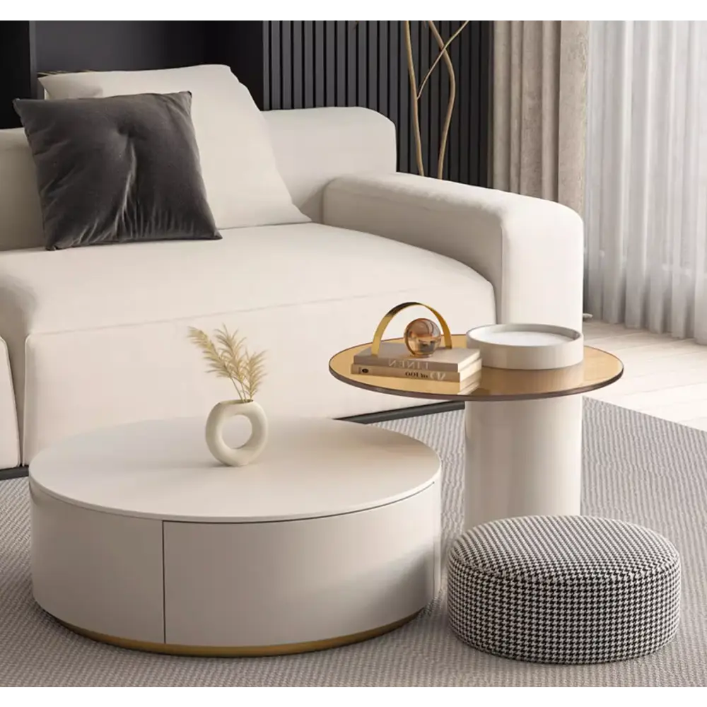 Riviera Round Nesting Coffee Table Set With Seat Pad, White｜ DC Concept