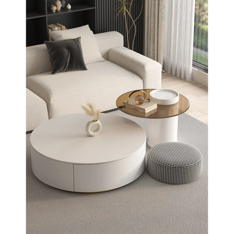 Riviera Round Nesting Coffee Table Set With Seat Pad, White｜ DC Concept