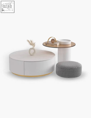 Minimalist white riviera round nesting coffee table with gold-accented base and sleek modern design