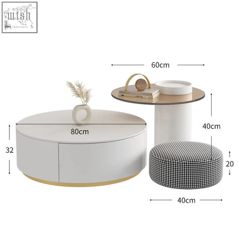 Modern white riviera round nesting coffee table with gold base and side panel featuring minimalist design