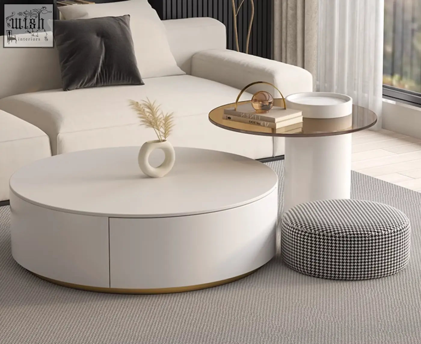White oval coffee table with gold trim and smooth finish in riviera round nesting round nesting coffee set