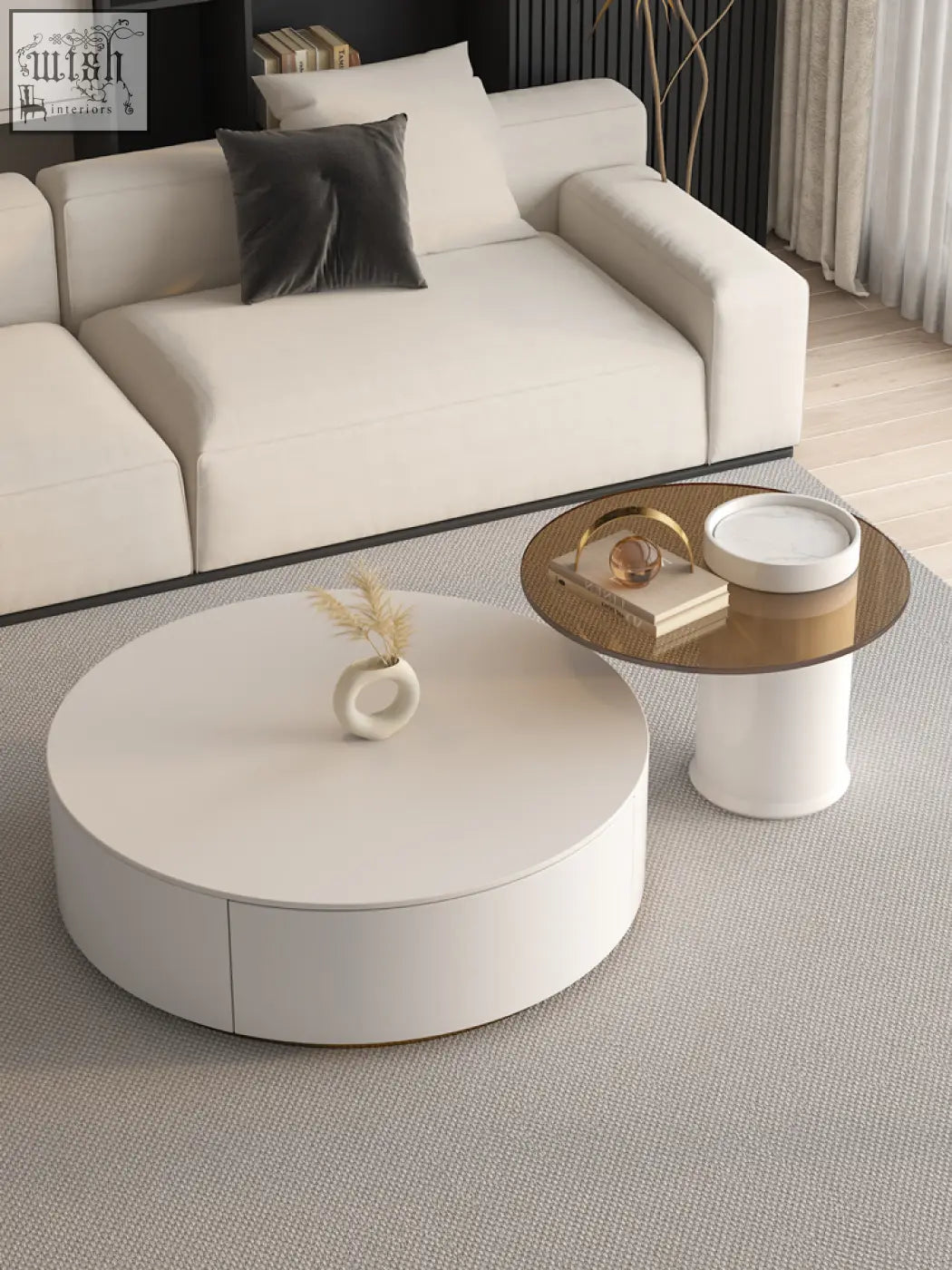 White round nesting coffee table with sleek minimalist design and glossy finish from riviera round nesting set