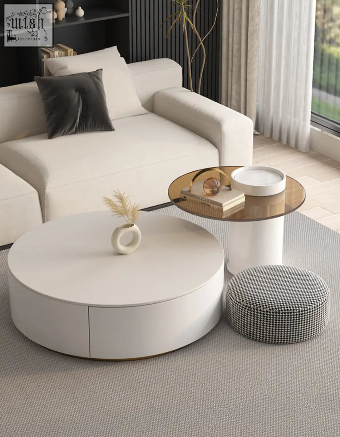 White round coffee table with smooth minimalist design and subtle gold trim from riviera round nesting set