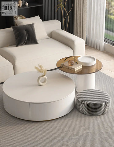 White round coffee table with smooth minimalist design and subtle gold trim from riviera round nesting set