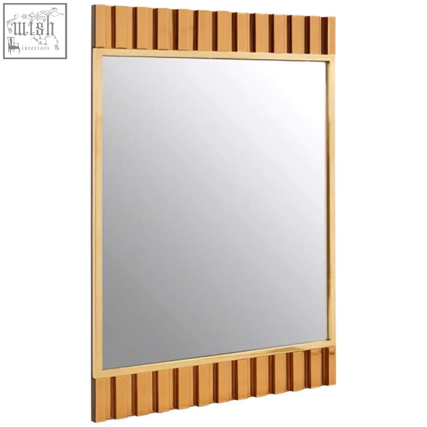 Rivoli wall mirror with gold frame and unique vertical slat design on top and bottom edges perfect gold wall mirror