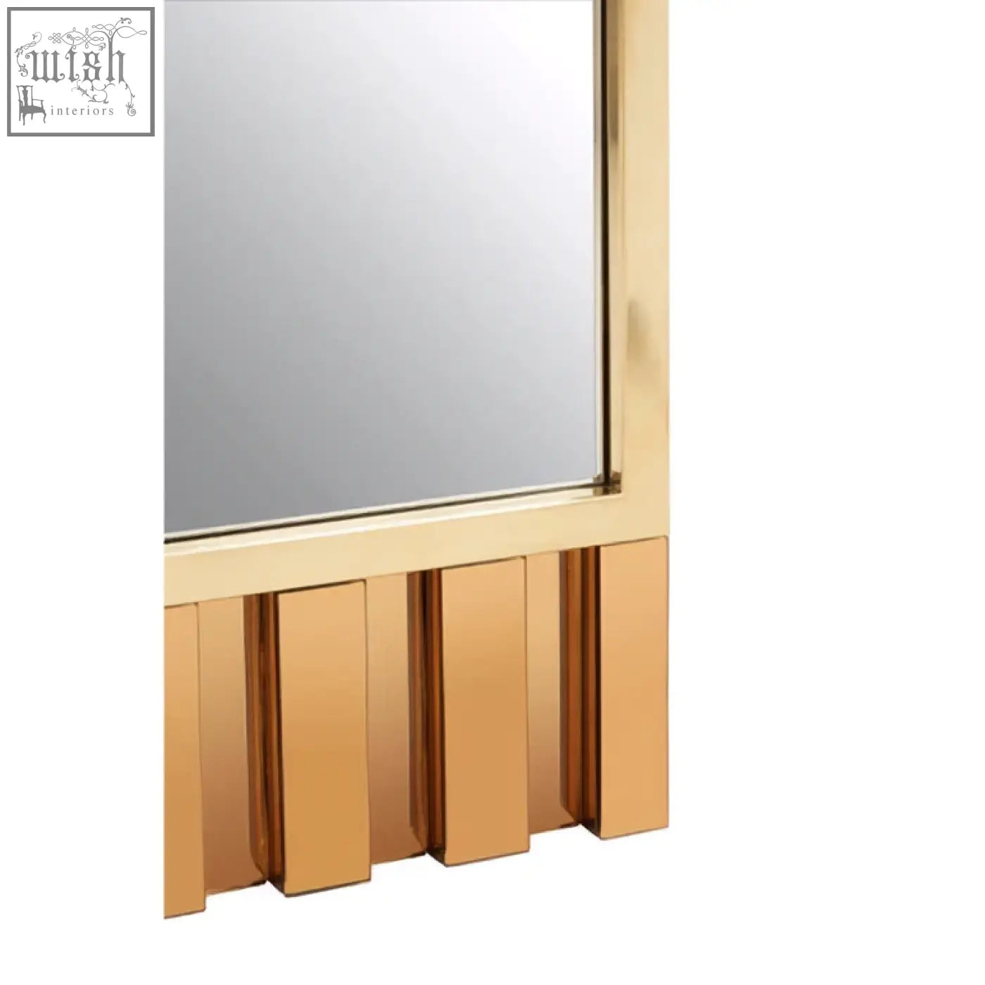 Rivoli wall mirror with a sleek polished brass frame and gold wall mirror vertical slats below the glass