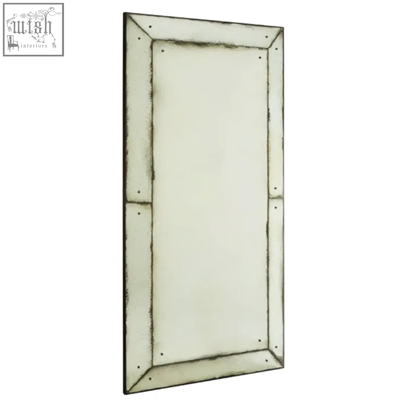 Riza large panelled wall mirror with a distressed silver frame featuring rivets and an aged tarnished finish