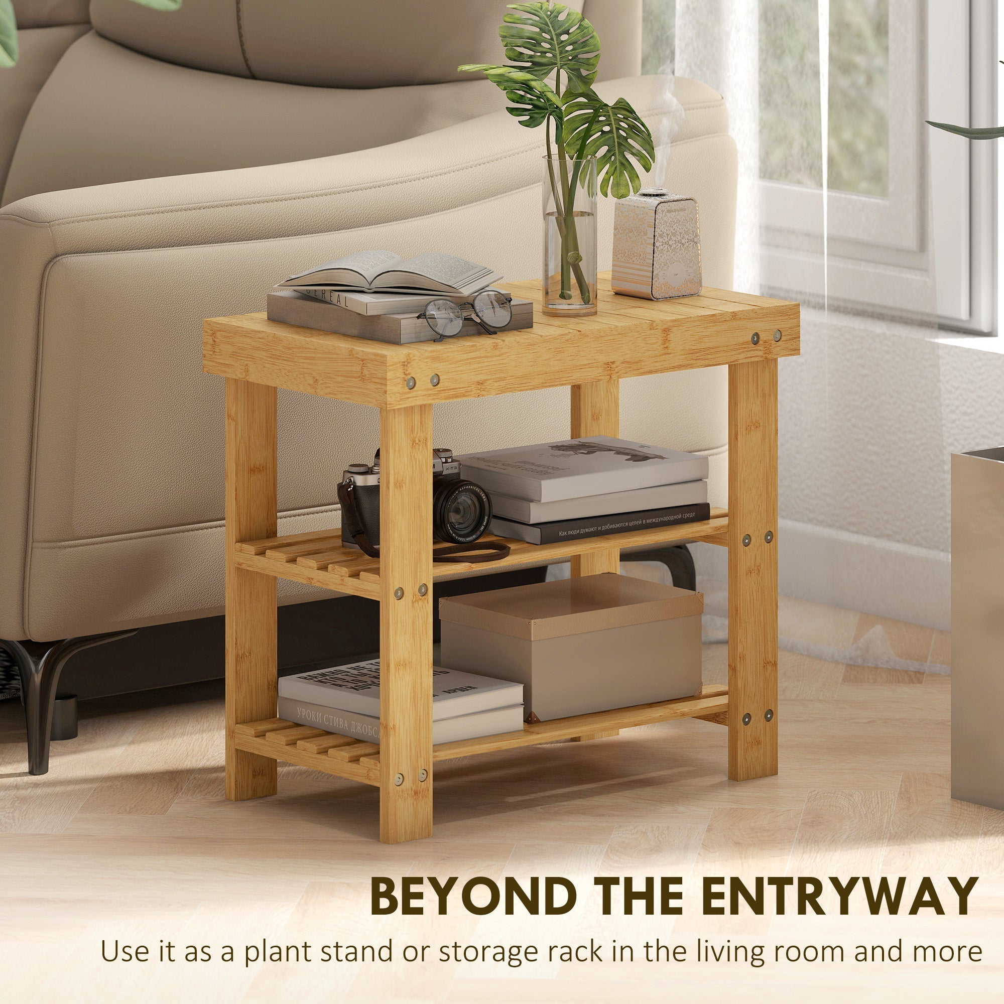 HOMCOM Two Shelf Bamboo Shoe Storage Bench - Natural Finish