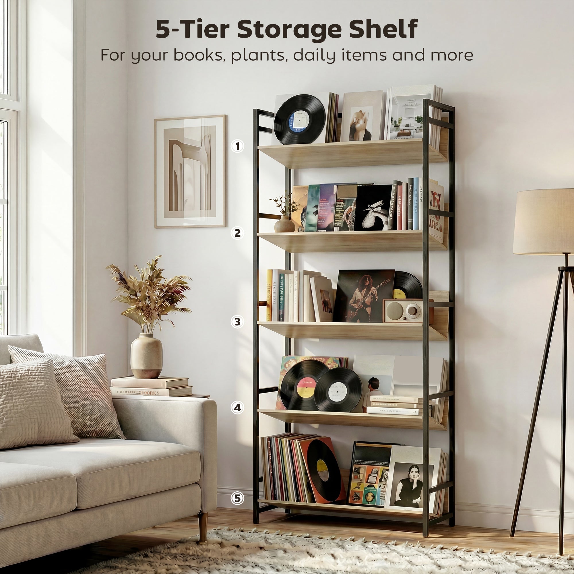 HOMCOM Bookshelf 5-Tier Metal Frame Bookcase Storage Shelves for Living Room Oak