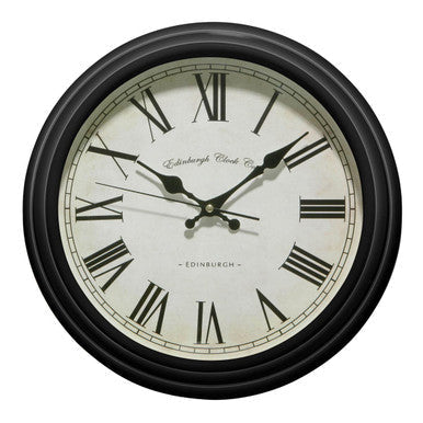 Robello black lined rim wall clock with black frame cream face roman numerals and edinburgh clock co text wall clock