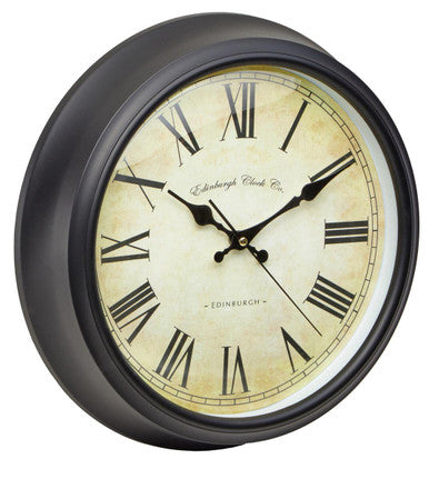 Robello black lined rim wall clock featuring a black frame cream face roman numerals and edinburgh clock co branding