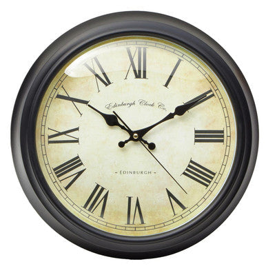 Robello black lined rim wall clock with black frame cream face roman numerals and black hands wall clock design