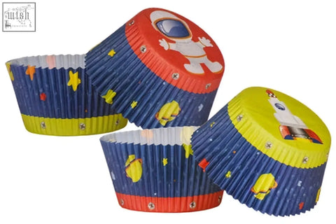 Blue and yellow space-themed large cupcake cases with astronaut and rocket designs perfect for parties