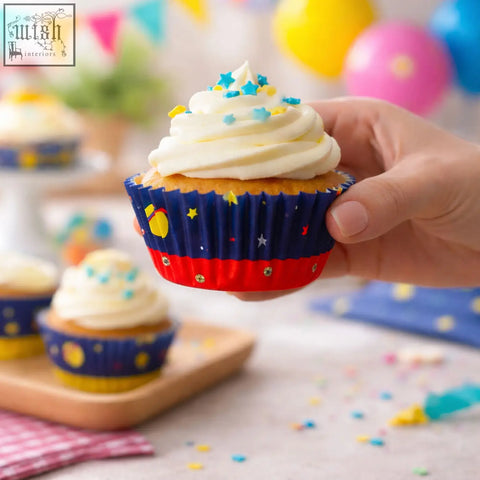 A hand holds a large cupcake with white frosting in festive blue and red cupcake cases with star patterns