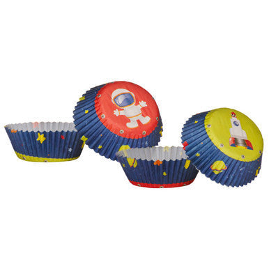 Blue paper medium cupcake cases with colorful space designs featuring an astronaut and rocket on red and yellow circles
