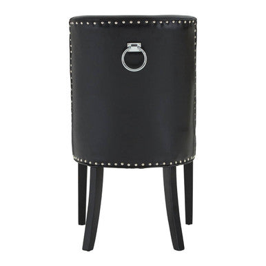 Rodeo black leather effect dining chair with silver nailhead trim and central ring handle on black leather accent chair