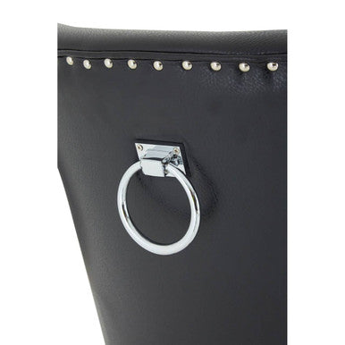 Rodeo black leather effect dining chair showing black leather with silver nailhead trim and chrome ring handle on back
