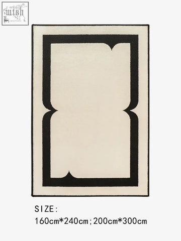 Cream-colored rogers rectangular living room rug with bold black ornate border perfect for coffee table set areas