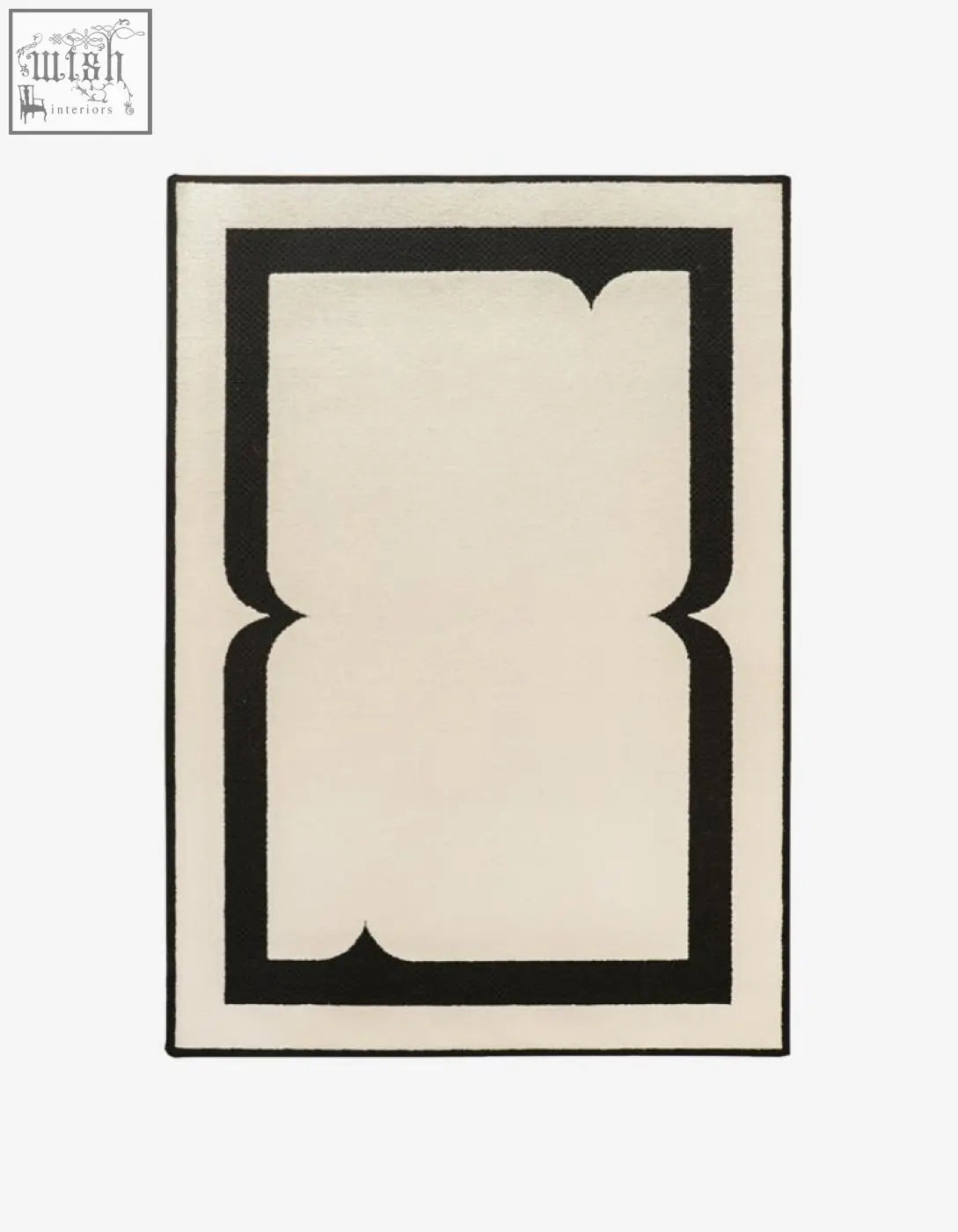 Cream colored rogers rectangular living room rug with bold black ornate border perfect for coffee table set areas