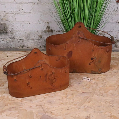 Rustic copper rohira basket style metal magazine holders with weathered finish and wooden handles set of 2