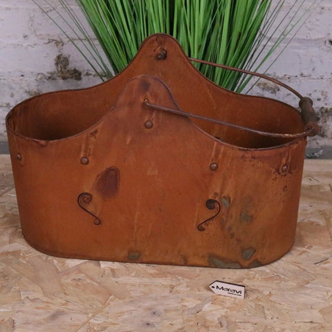 Rustic copper-toned metal rohira basket style rusty planters set of 2 with curved handle and decorative scrollwork accents