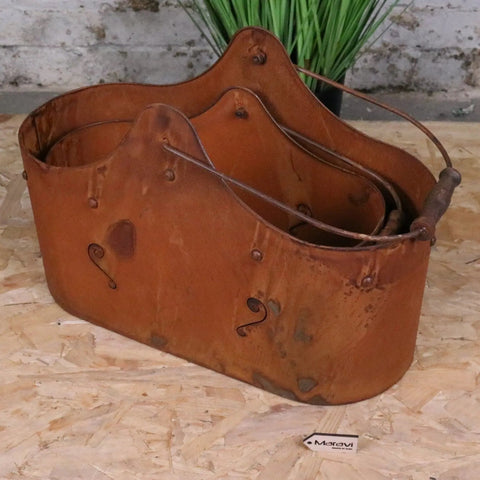 Rustic copper rohira basket style rusty metal bucket with handle and decorative curved cutouts for style rusty planters