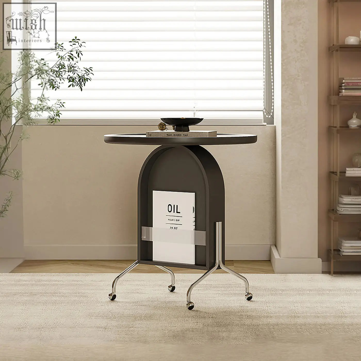 Dark gray roland side table with chrome legs and wheels featuring book storage and piano baking varnish finish