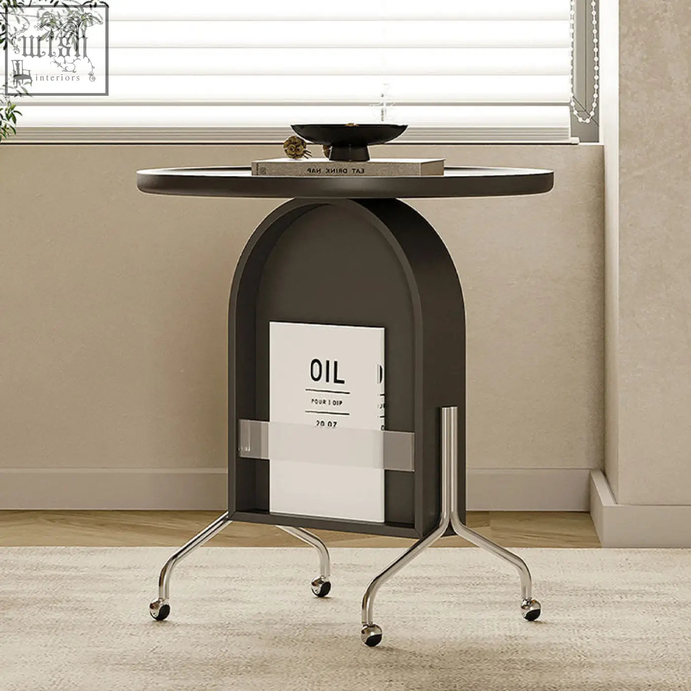 Modern black roland side table with piano baking varnish, chrome legs, wheels, sleek top, and book storage rack