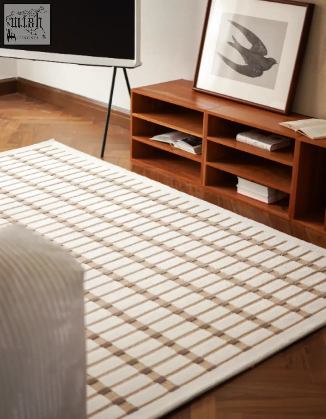 Rolland rectangular living room rug beige cream woven with grid pattern perfect for under a coffee table set