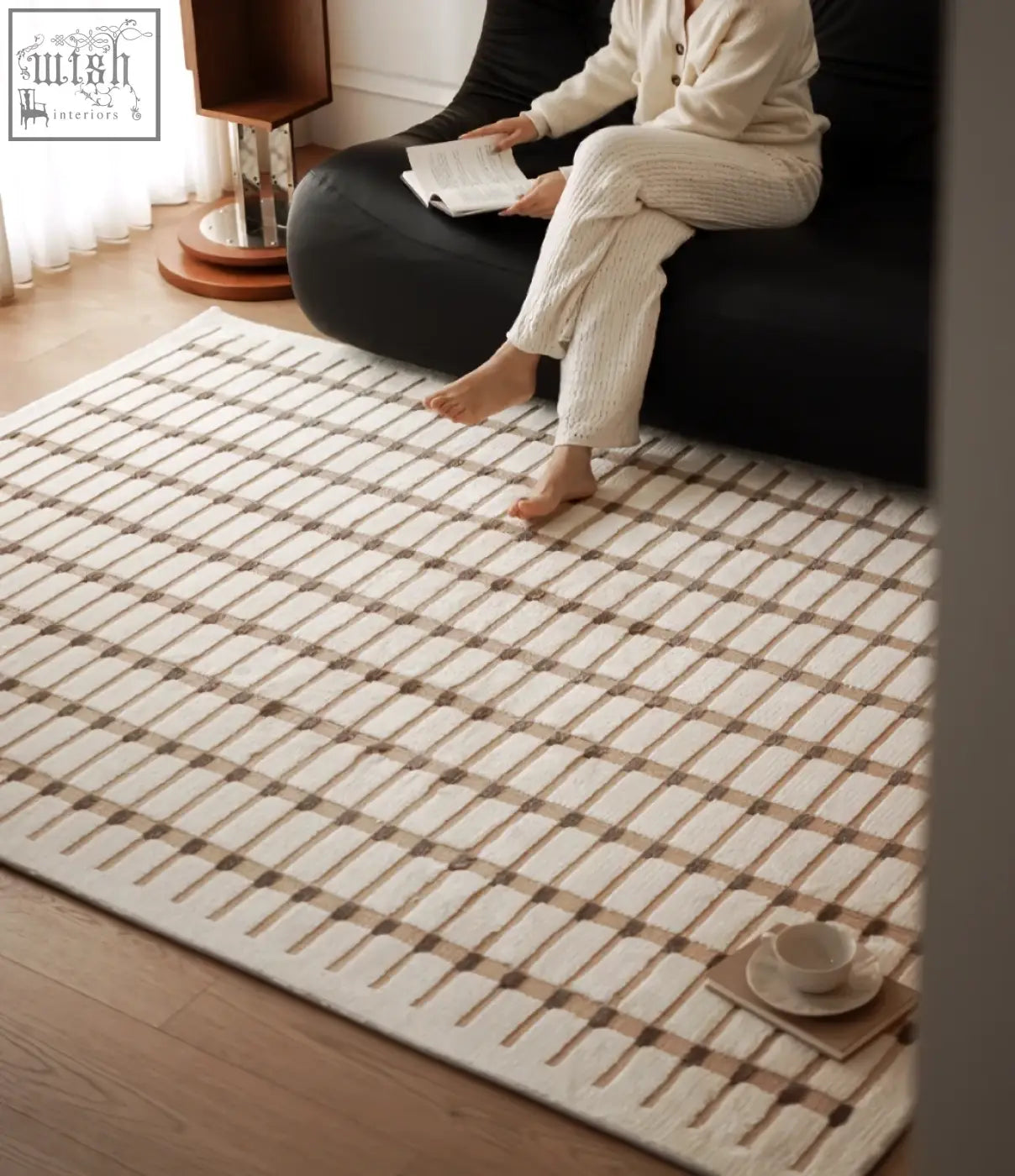 Beige and taupe grid patterned woven texture rolland rectangular living room rug perfect for coffee table set