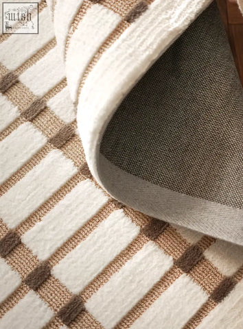 Cream and taupe checkered rolland rectangular living room rug with soft textured weave perfect for coffee table set area