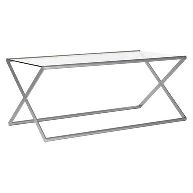 Modern roma coffee table with clear glass top and sleek silver metal x-shaped rectangular coffee table design
