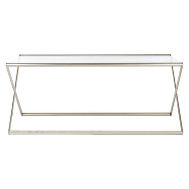 Modern roma coffee table with a rectangular clear glass top and sleek black metal frame for stylish living rooms
