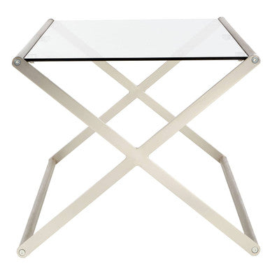 Sleek roma coffee table with a rectangular glass top and x-shaped brushed silver metal frame for modern spaces