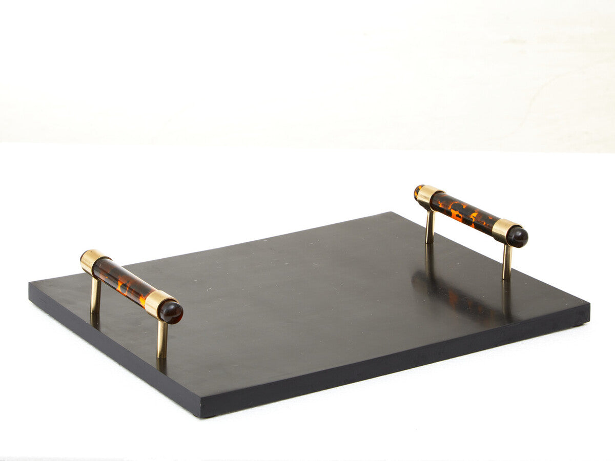 Black roma rectangular tortoise shell tray with gold-toned metal fittings and tortoiseshell-patterned handles