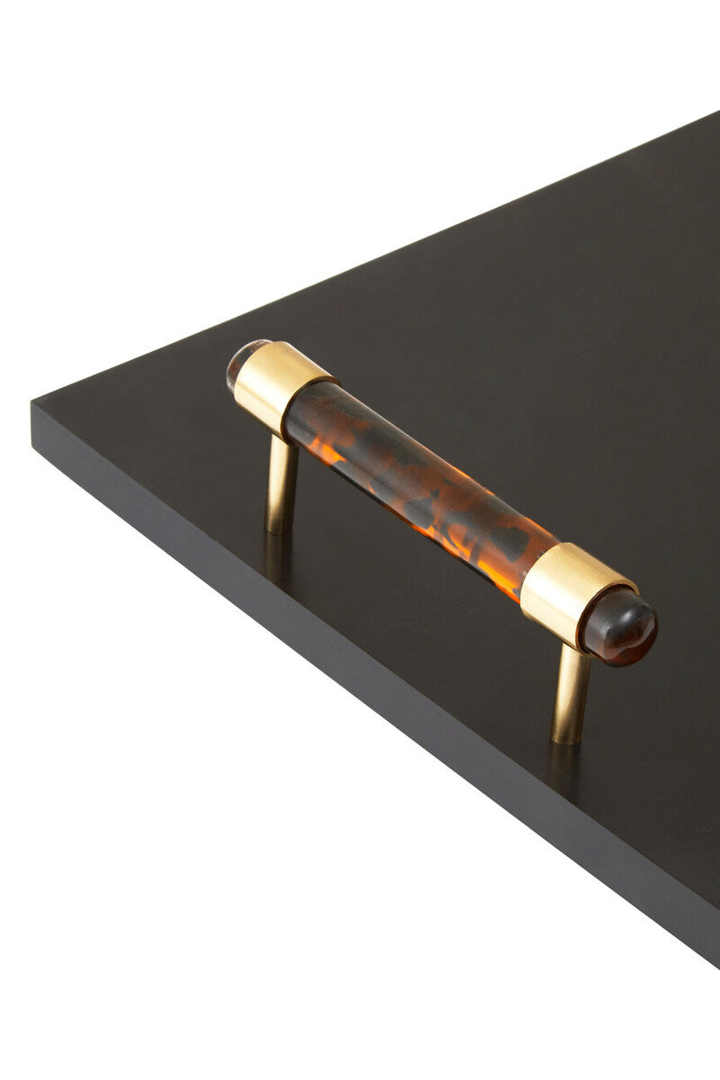 Roma rectangular tortoise shell tray with tortoiseshell acrylic handle and gold toned metal caps and feet