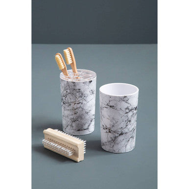 Marble-patterned rome toothbrush holder set with matching cups and wooden interdental brush for bathroom use