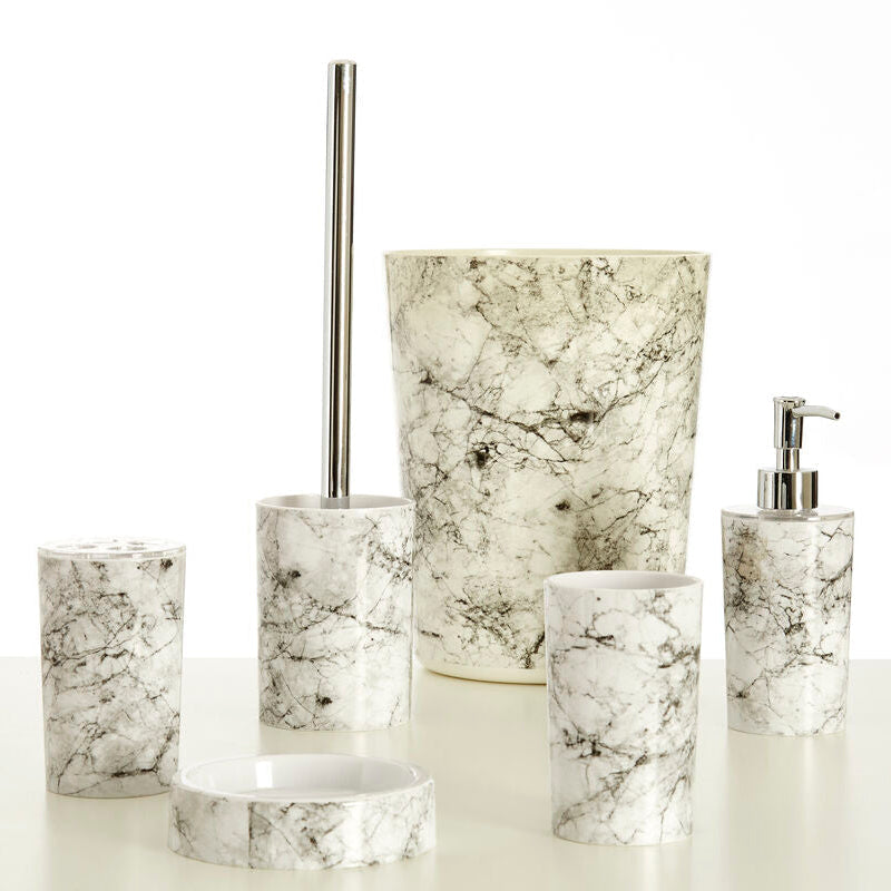 White and gray marble-patterned waste bin with chrome-finished pump dispenser for stylish bathroom use